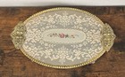 Vintage Gilt Ormolu Footed Vanity Tray Lace Embroiderunder Glass Ornate Handle