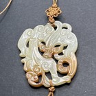Chinese Jade Carved Green Russet Brown Dragon Necklace Pendant Cord Tassel 30   