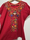Traditional Mexican Peasant Blouse Large Embroidered Red 