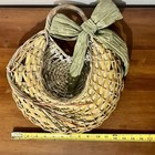 Vintage Wicker Wall Hanging Door Pocket Basket Raffia Bow 13x13 Cottagecore