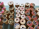 Vintage Lot Of 80 Wooden Sewing Thread Empty Spools With Labels Holiday Craft