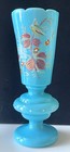 Pair Of Antique Bristol Opaque Blue Glass Vases - Hand Painted - 8 