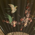 Original Japanese Folding Fan  Black Paper  Painted Birds   Flowers 35 x65 