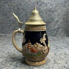 Vintage German Beer Stein 7    Relief Scene Stoneware Mug Pewter Lid