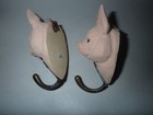 Hand Carved Wooden Pig Wall Hook Hanger Pink Country Primitive Set Of 2