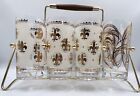Set Of 8 Libbey Glass Fleur-de-lis   Swirl Frosted Gold Tumblers W caddy Mcm