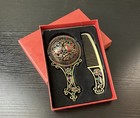 Floral Mirror   Comb Set W  Gemstones  Ornate Gold Color Finish  In Gift Box