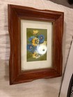 Vintage Floral Embroidered Wood Framed Picture -basket  Blue Yellow 9 5    X 7 5   