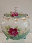 Antique Nippon Porcelain Biscuit Lidded Jar 3 Footed Hp Cabbage Roses Moriage