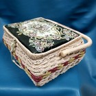 Vtg Azar Woven Wicker Sewing Basket Box W Floral Tapestry Lid