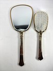Vintage Vanity Mirror And Brush Set Hand Held Gold Silver Tone Floral Pattern