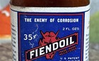 Vintage C  1930 Fiendoil 2 Oz Paper Label Bottle Nos Sign Devil Gun Firearms Tin