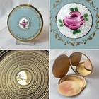 Antique Elgin American Compact Guilloch     Enamel Flower Mirrored Powder Box