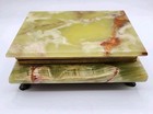 Vintage Green Onyx Marble Stone Jewelry Box Footed Blue Velvet Hinged Trinket 