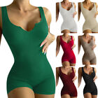 Womens Sexy Ribbed Sleeveless Bodysuit Stretch Leotard Shorts Romper Jumpsuit