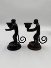 Pair Of Mcm Cast Bronze Vintage Monkey Candle Holders 5 5    Candelabras