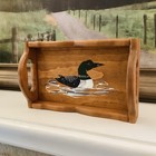 Vintage Handcrafted Wood Scalloped Tray Handpainted Loon Duck Rustic Cottagecore