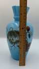 Antique Victorian Blue Opaline Glass 9    Vase Hand Painted Flowers Blown Ruffles