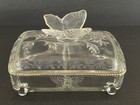 Vntg Jeanette Embossed Glass Box Butterfly 2 Part Cigarette Trinket Dresser Gold