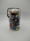 Jabo Marbles - 5 8    A Couple Shooters In A Vtg Square Ball Ideal Jar Uv Nm-m