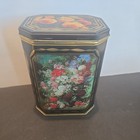 Black Gold Floral Tin Container Multicolor Flowers Made England Vintage See Pics