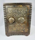 Vintage Cast Iron Safe Bank With Hinged Door   Ornate American Savings Bank   Ci