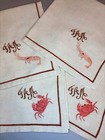 Vintage Ecru Linen Napkins Embroidered Sea Life Crab Shrimp -set Of 4- 21x20 5   