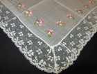 Vintage Hankie Celebritees Embroidered Pink Rosebud Lace Trim Switzerland Nice 