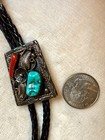 Vintage Sterling Silver Southwestern Bolo Tie Floral Turquoise Red Stone Inlay