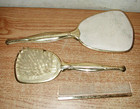 Vintage Brass Mirrored Vanity Tray With Gold Toned Hand Brush  Comb   Mirror Set