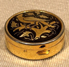 Vintage Damascene Enamel Gold Tone black 1 1 2  Round Pill Trinket Box Metal