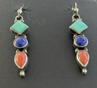 Vintage Southwestern Sterling Turquoise Lapis Coral Dangle Earrings