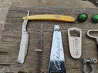 Vintage Junk Drawer Lot Pocket Knives Bottle Openers Military Pins Padlock