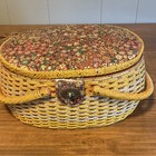 Vintage Wicker Sewing Basket Floral Fabric Lining Plastic Tray Japan 2640