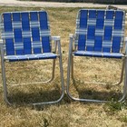 Vintage 70s Folding Aluminum Woven Lawn Chairs Retro White Blue Pair