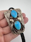 Vintage Navajo Nickel Silver High Grade Kingman Turquoise Stamped Bolo Tie