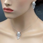 White Gold Plated Pearl Zirconia Necklace Earrings Wedding Jewelry Set Women 096