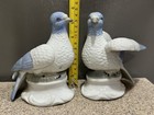 2 Vintage Glazed Porcelain Ceramic Pigeon Bird Figurines On Pedestal In Euc