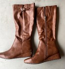 Anne Klein Iflex Brown Leather Boots Womens Size 8 5 Low Heel Buckle Logo Zip Up