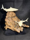 Vintage John Perry Shark Duo Sculpture Burl Wood Nautical Beach Decor