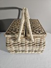 Vintage Wicker Sewing Basket Box Woven Floral Tapestry Padded Lid Made In Taiwan