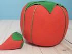 Vintage Tomato Pin Cushion With 1 Strawberry Large  2 5  Tall  X  3  Dia