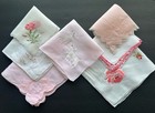A  Vintage Lot 7 White Pink Hankies Crochet Tatted Lace Embroidered Linen Cotton