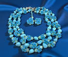 Vtg Hong Kong Blue Multi-strand Floral Lucite Beaded Necklace Earrings Set Mcm