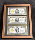 Large Denomination U s  Currency Display - Framed   Matted -  500- 1000- 5000