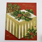 Vintage Mid Century Christmas Greeting Card Gold Striped Gift Package Die Cut