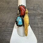 Rare Vtg Navajo Turquoise Coral Sterling Silver Roadrunner Ring Signed Amazing