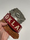 Vtg Oklahoma Justin Western Belt 30 Red Tooled Leather Silver Buckle Sooners