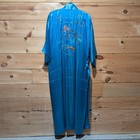 Vtg Peacock Kimono Robe L Blue Silk Duster Hand Embroidered Pagoda Boho Chic