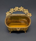 Vintage Ormolu Gold Ornate French Filigree Glass Jewelry Casket Trinket Box